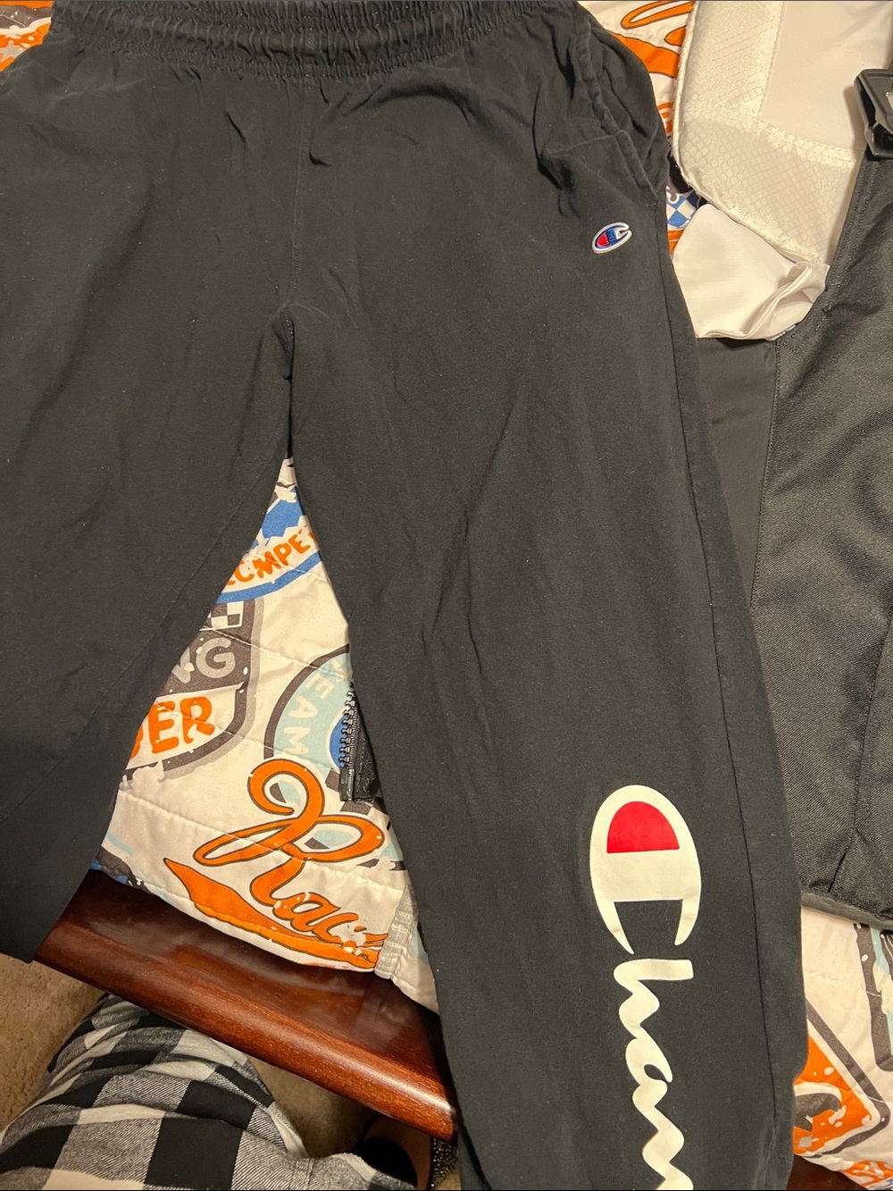 Champion Black Sweatpants with White and Red Script